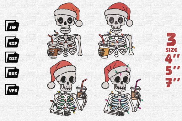 Set of 4 Skeleton Christmas Embroidery