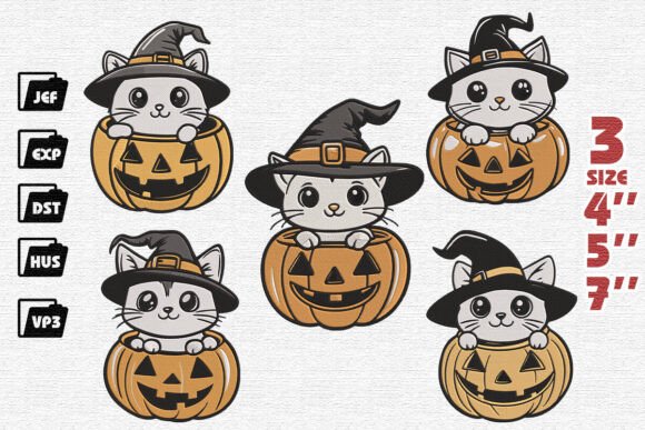 Set of 5 Cute Kitten Embroidery